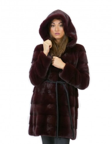 Burgundy women's mink fur coat 44 long 84 cm modern hood