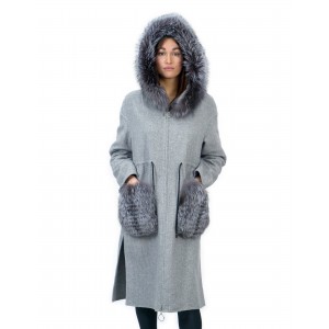 Giacca in cashmere lana grigio taglia 46 con cappuccio bordato volpe e chiusura zip