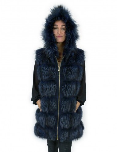 Gilet in pelliccia di volpe 48 e pelle colore blu chiusura zip e cappuccio in pelliccia esterna