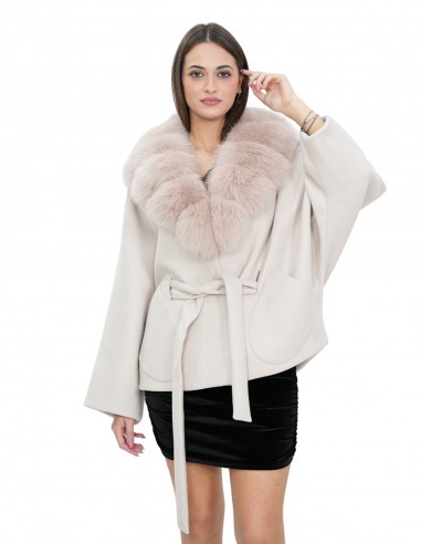 Mantellina rosa 44-52 tessuto misto lana e collo pelliccia volpe chiusura calamita e con cinta e tasche