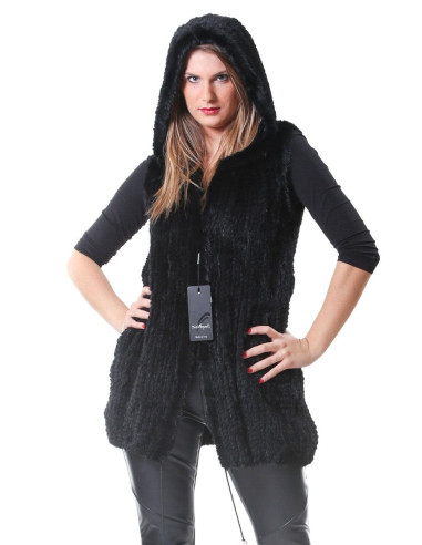 Vested vest in mink fur tricot 46 black made in italy hood belt