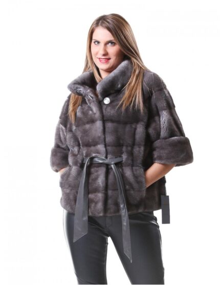 PELLICCIA GIACCA VISONE DONNA CON LAVORAZIONE ORIZZONTALE IN GRIGIO BLUE IRIS