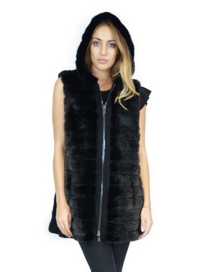 Smanicato pelliccia visone orizzontale nero con renna cappuccio 50 fourrure de vison mink fur Nerz