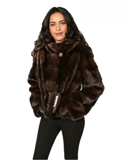 Pelliccia mogano 48 donna giacca con cappuccio e lavorazione orizzontale con coulisse vita