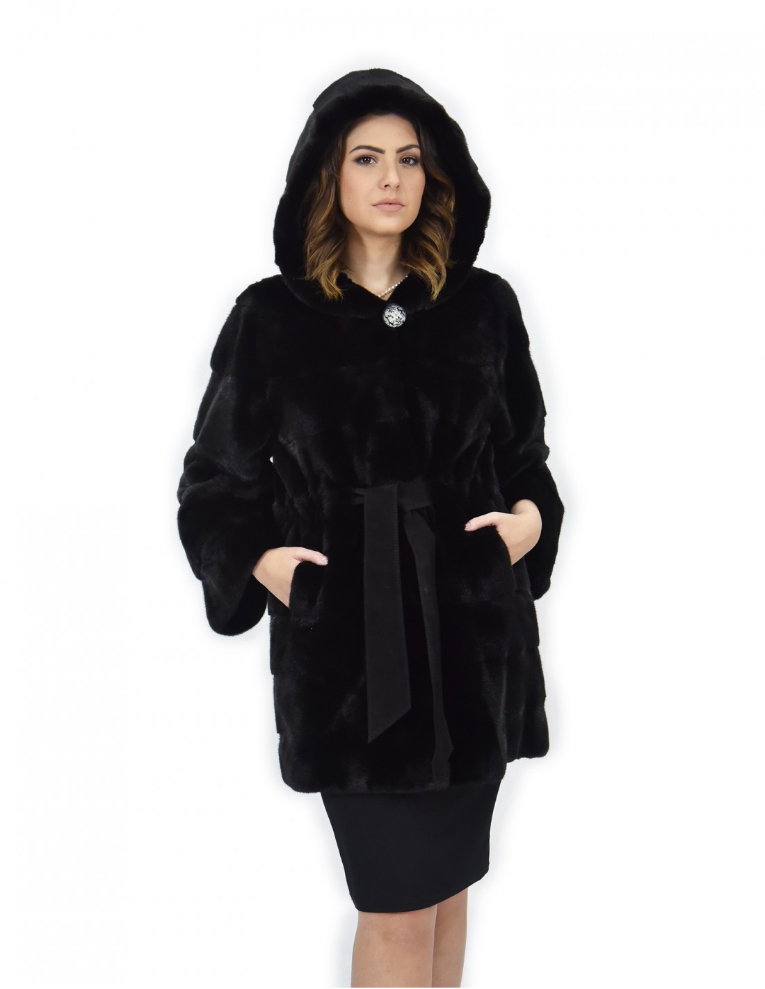 Cappotto nero 46 pelliccia di visone cappuccio cintura pelle