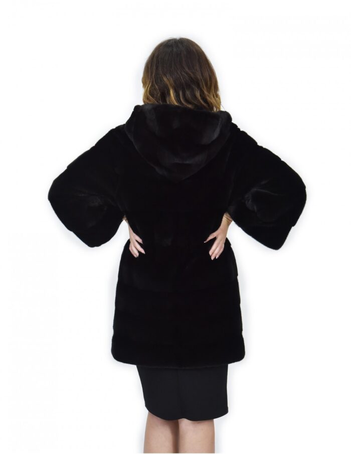 Black Coat 46 Mink Fur Hood Leather Belt Long Sleeve Inmoda