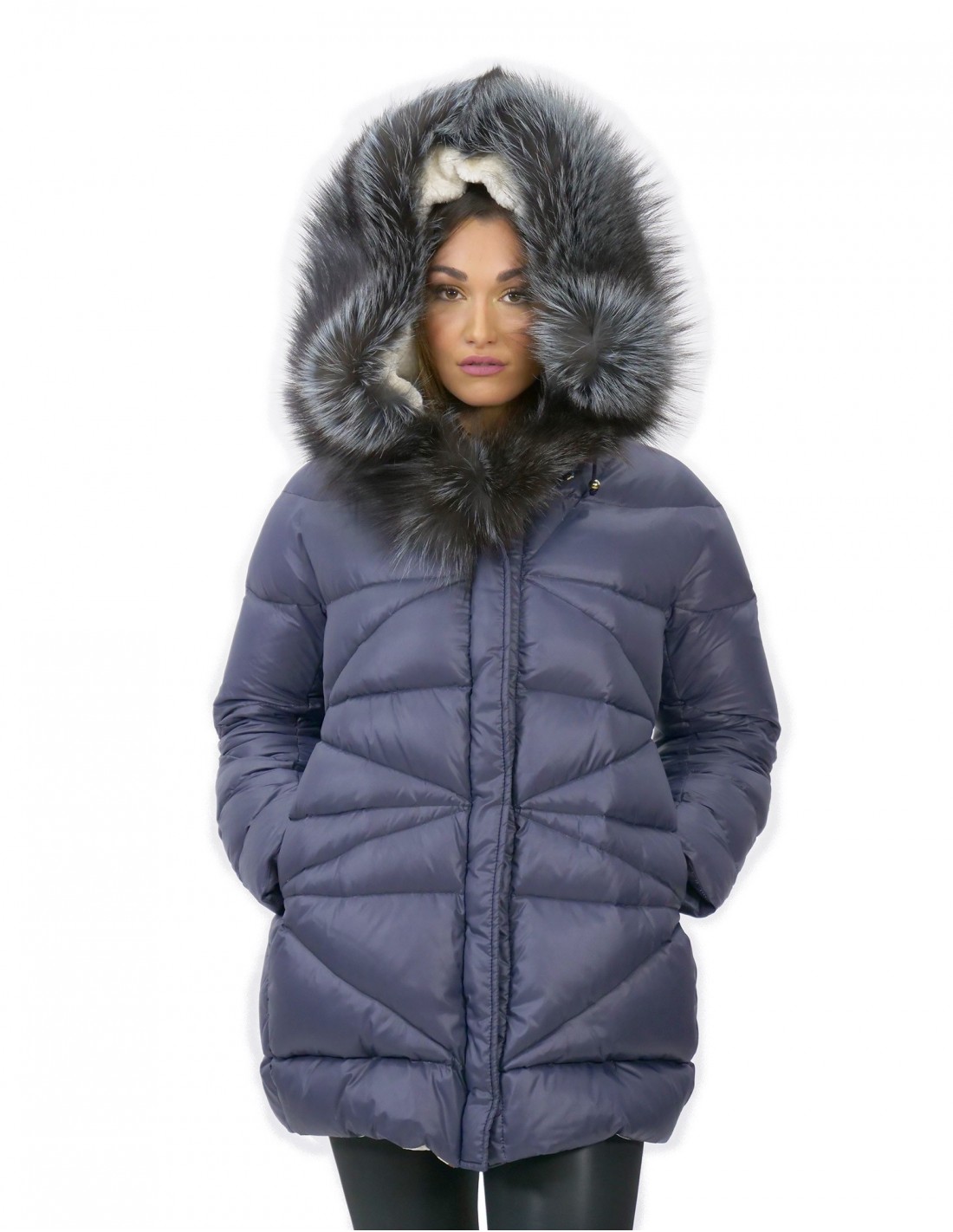 Down jacket with inner fleece and blue fox fur 46 fur zip cap