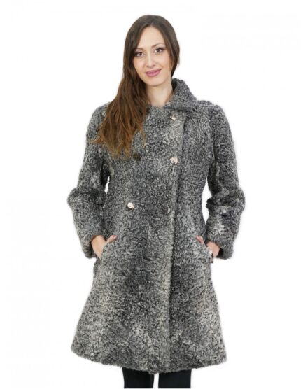 Cappotto in pelliccia di persiano 44 grigio chiaro con manica lunga e tasche esterne