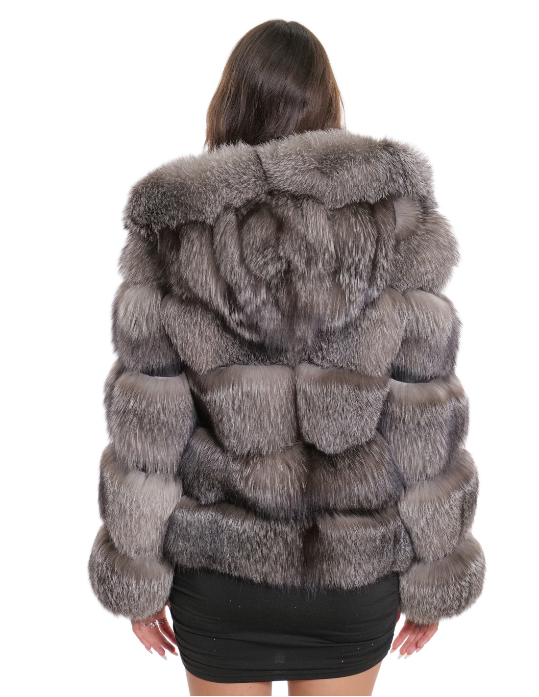 64 cm long jacket 46 silvery gray fox fur horizontal pattern with