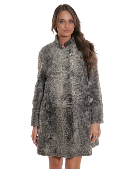 Cappotto a campana grigio 48 persiano pelliccia collo pistagna con bottone a chiusura