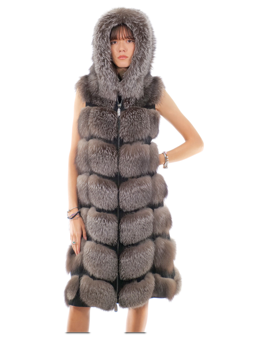 112 cm lange Weste aus silbernem Fuchsfell Blau Frost 48 mit