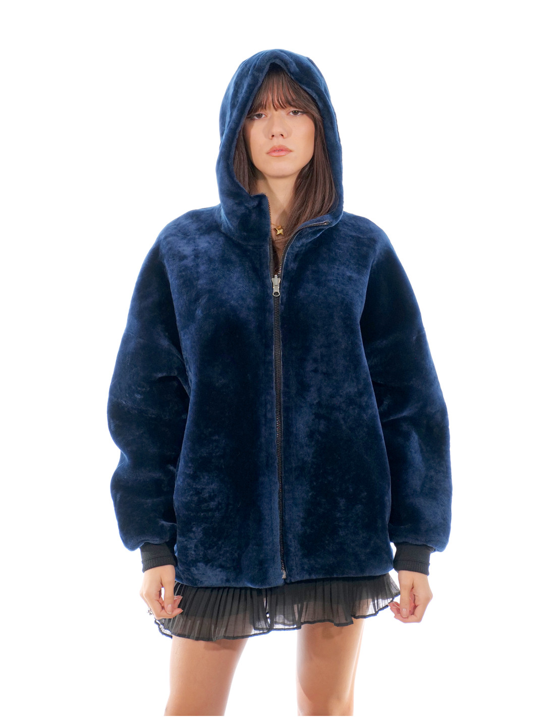 Women's Sheepskin Coat 74cm Blue Reversible Leather 52 Hood Zip