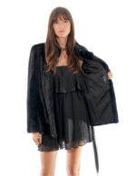 Horizontale Nerzjacke 68cm schwarz 42 unter den Kosten schwarz Paspel Knopfkragen langärmeliger Gürtel Leder – Bild 6