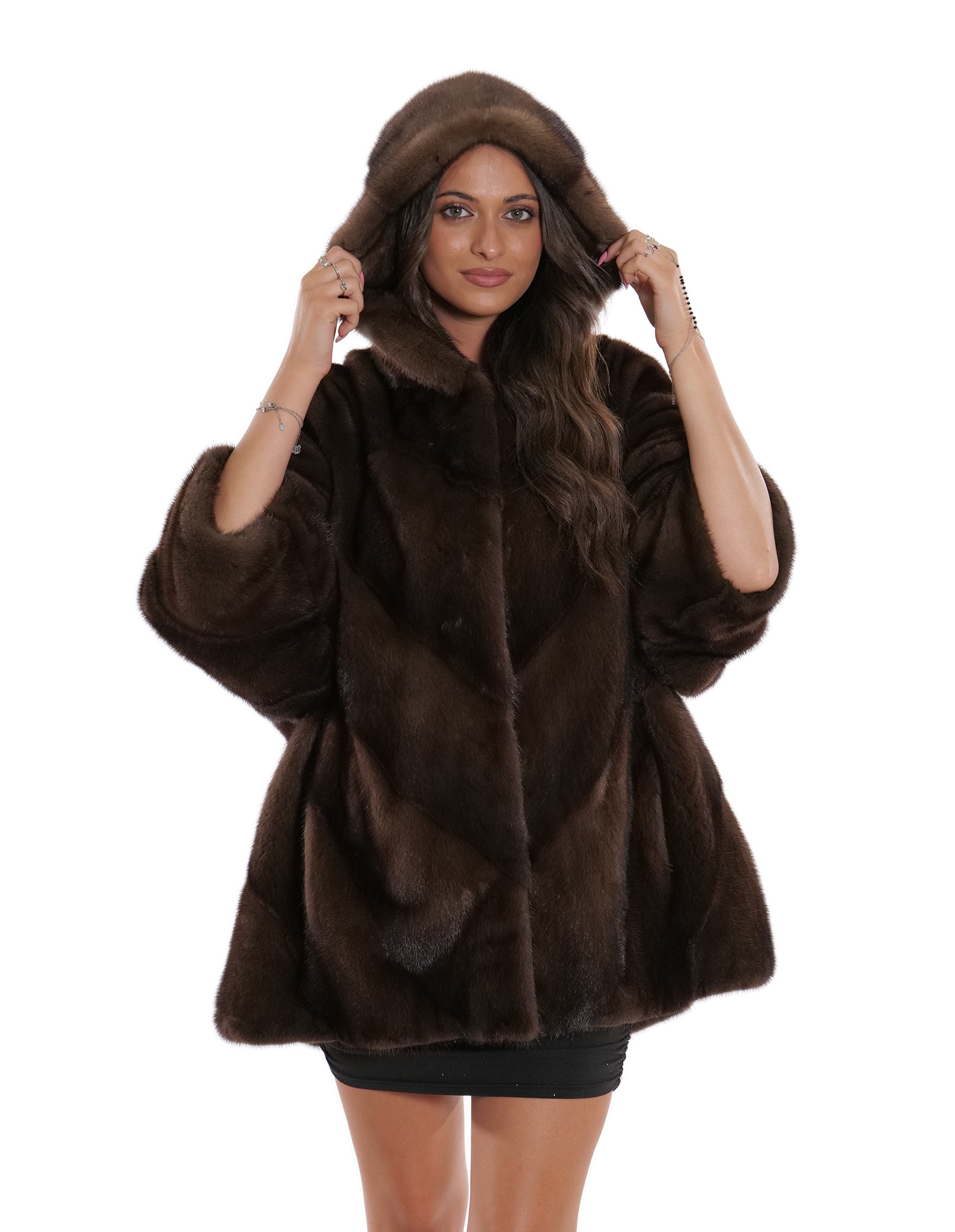 Hooded Knitted Mink Fur Coat Demi Buff Mink Cape 50/56 V-knit